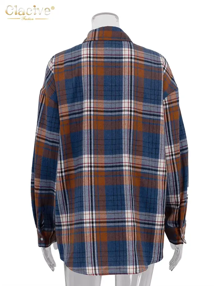 ClacMarkets-Chemisier à carreaux à manches longues pour femmes, haut surdimensionné vintage, chemise