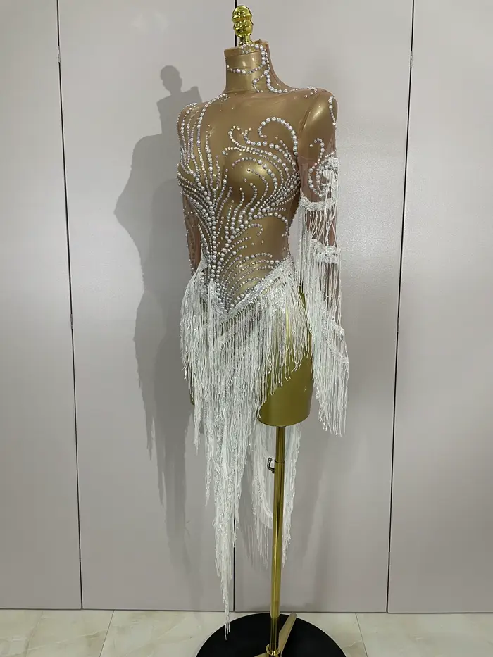 Femmes brillant strass perle paillettes gland Sexy robe transparente soirée fête d'anniversaire disc