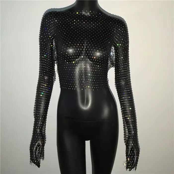 FestivalQueen-T-Shirt à Manches sulfpour Femme, Vêtement de Plage Sexy, Évidé, en Résille, avec Diam