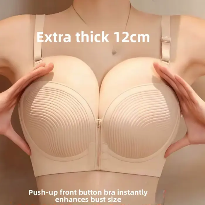 Dámska predná push-up podprsenka s dvojitým hákom, 12 cm hrubá bavlnená výplň, bez kostic, mäkká, priedušná, posilňovač hrudníka, viditeľný objemový efekt, každodenné použitie