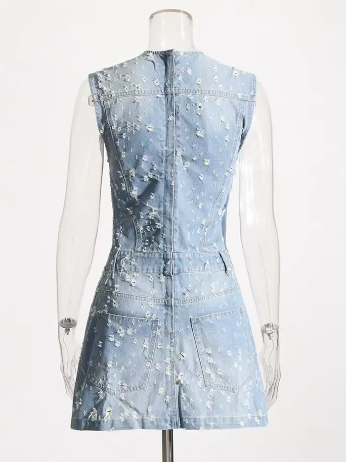 DEUX DEUX STYLE Denim évider robes pour femmes col rond sans manches tunique Patchwork poches Vintag