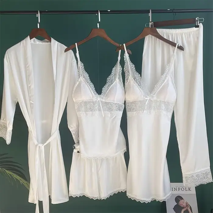 Biela saténová nočná bielizeň, svadobné šaty, sexy nočná košeľa, čipka Kimono, Župan, nočné oblečenie, domáce šaty, oblečenie do obývačky, 5 kusov
