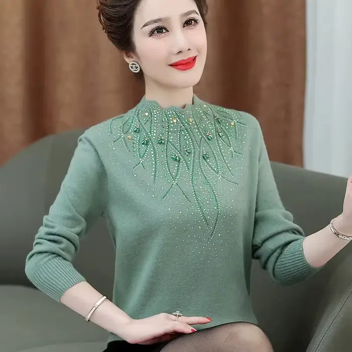 Pull en laine diamant pour femmes d'âge moyen, automne-hiver, pulls en peluche épais et chaud, robe 