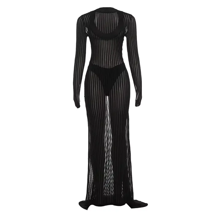 Nibber Club Sexy Voir À Travers Longue Robe Femme Rayure Patchwork Col Bas À Manches Complètes Chaud