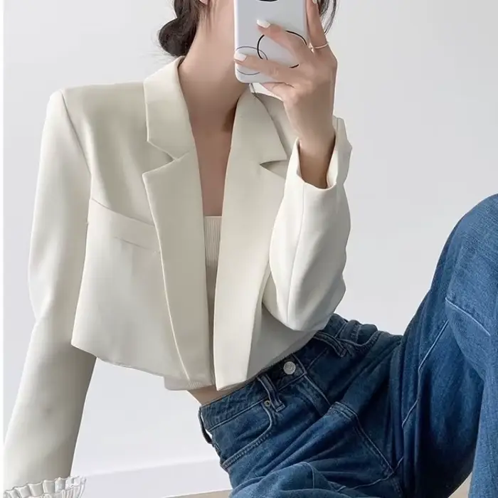 Dámske krátke biele sako základný elegantný jednofarebný vrch s dlhými rukávmi otvorený vpredu ležérny kabát
