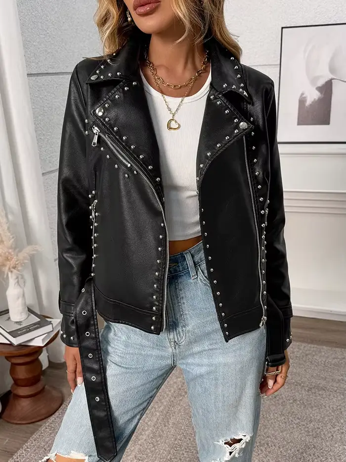 Ailegogo printemps automne femmes Streetwear Rivet fermeture éclair ceinture Faux cuir veste Vintage