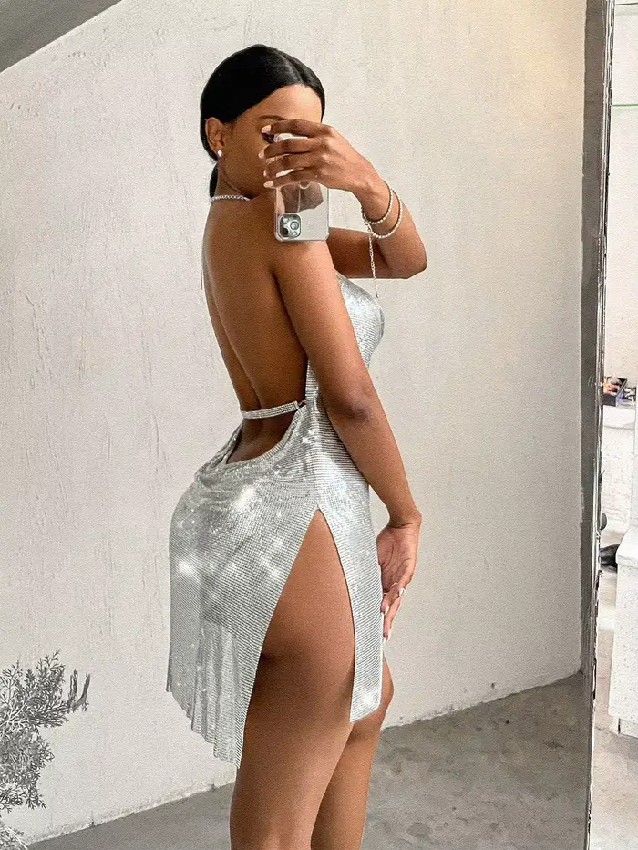Sexy priesvitné metalické flitrované večerné šaty pre ženy leto holý chrbát čierna pláž klub mini