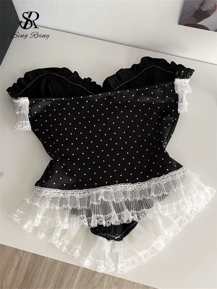 SINGREINY Retro bodkovaná čipkovaná bezramienková sexy korzetová blúzka vysoká kvalita