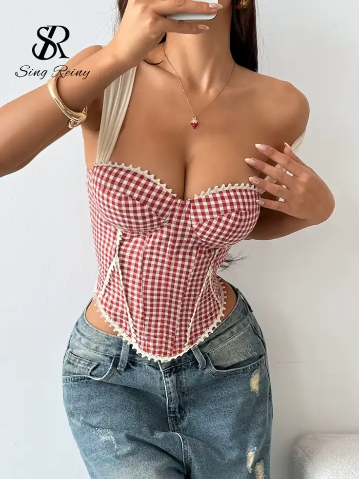 Camisole Singreiny Gingham Plaid Vintage Lingerie pour Femmes Occasions Spéciales Festival Musique Été Style Américain
