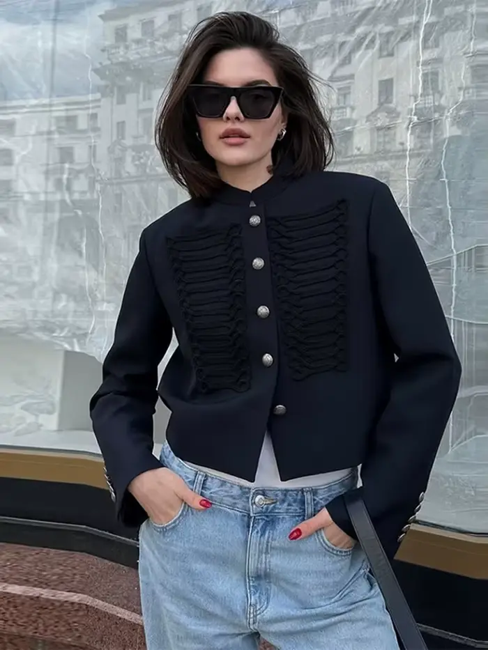 Veste Courte Vintage Napoléon pour Femme, Col Montant, Manches Longues, Simple Boutonnage, Coupe Sli