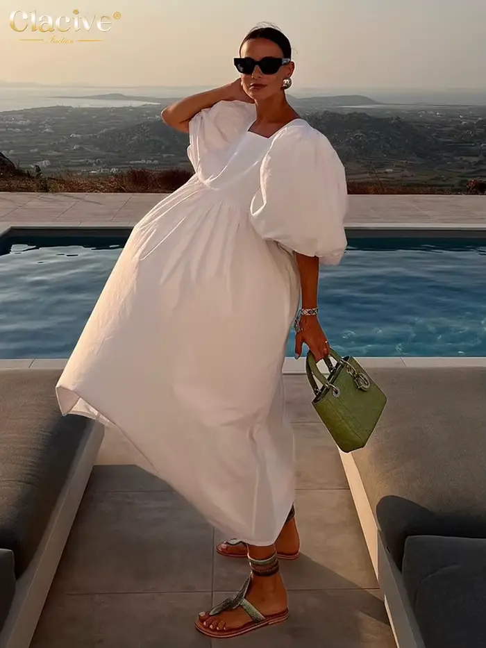 ClacMarkets-Robe blanche décontractée pour femme, col carré, manches bouffantes, longueur rinçage, é