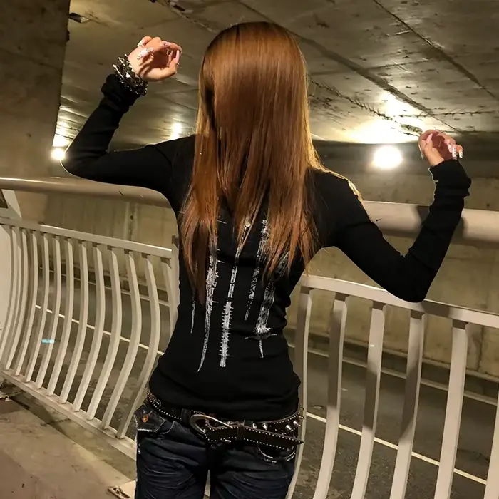 Karrcat Grunge estetický potlač tetovanie pletené topy Trashy Y2k s dlhým rukávom