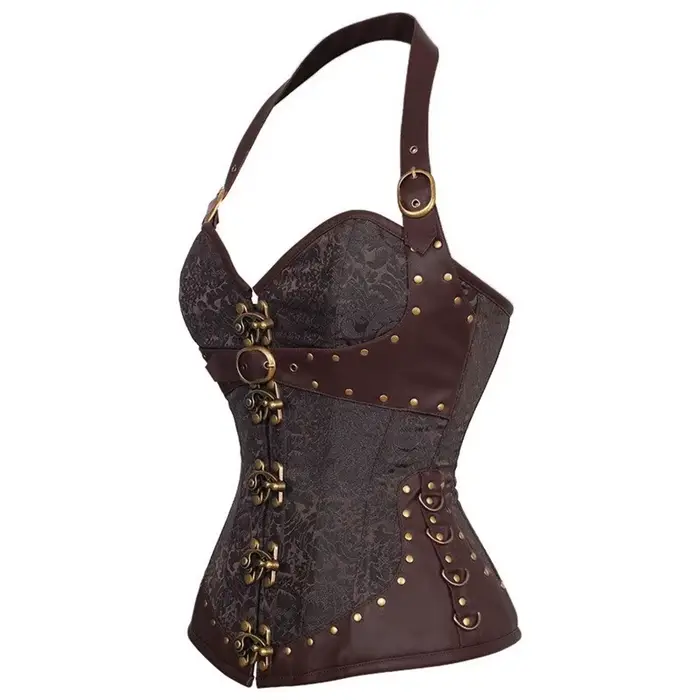2 couleurs PU gothique licou Corselet Rivet dos pansement Corsage femmes Sexy Shaper Faux cuir érotique dentelle ferme Corsets Bustier