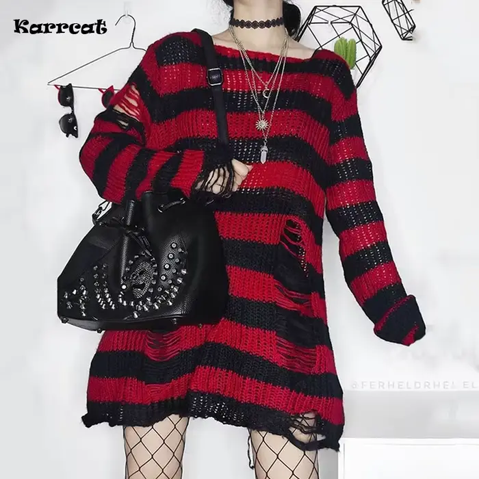 Karrcat Grunge Harajuku pruhovaný pletený sveter pre ženy Y2K Streetwear dierovaný voľný fialový