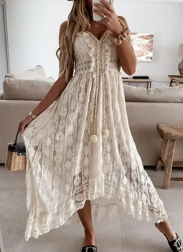 Robe en dentelle blanche pour femmes, glands à longues bretelles, col en V de plage, ajouré élégant 