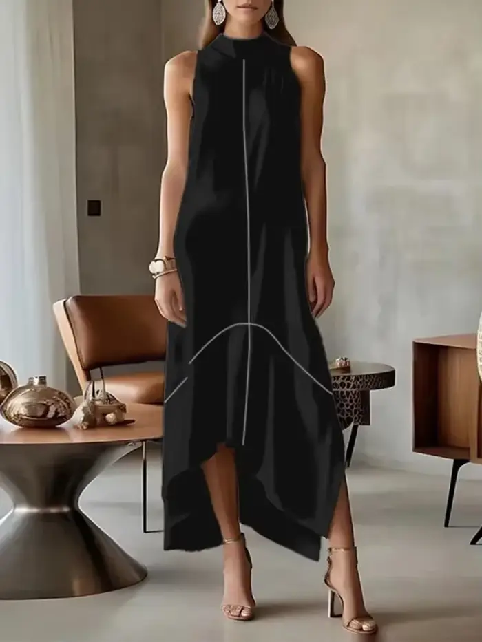 Elegantné šaty z polyesteru a elastanu pre ženy, asymetrické, rolák, bez rukávov, ideálne pre večierky a formálne akcie