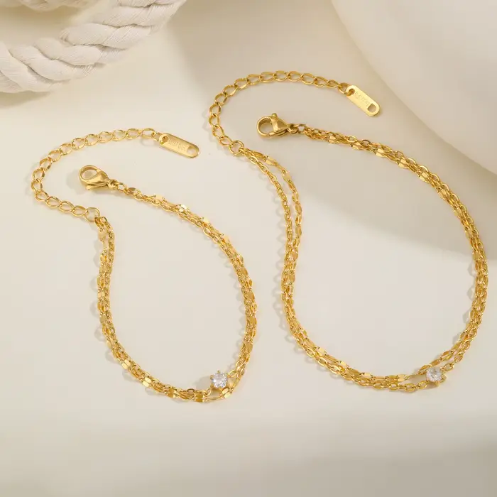 Bracelet de cheville superposé imperméable pour femmes, plaqué or réglable avec zircone, chaîne de p