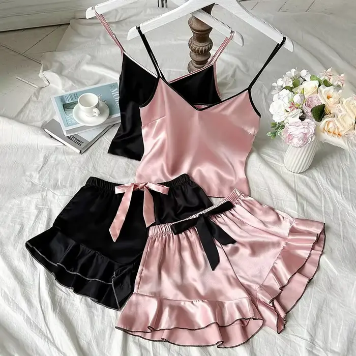 Hladké saténové pyžamo pre ženy, v-neck top, ruffled okraje a uzlíky šortky, pyžamový set Jednoduché a priedušné, domáce oblečenie s popruhmi