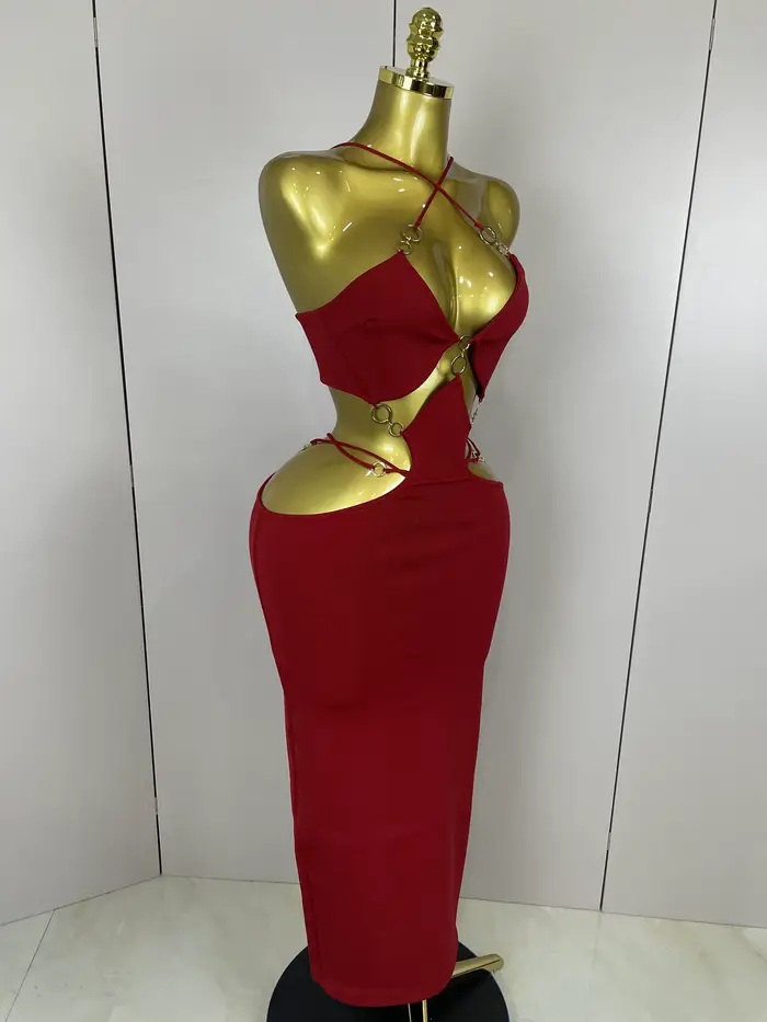 Sexy licou évider sans manches noir rouge moulante longue robe de pansement 2025 femmes célébrer élé