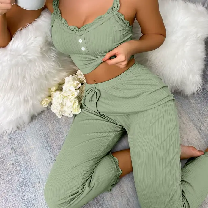 Dámske ležérne pyžamo Sexy bez rukávov čipka obrubník pevné bez ramienok košieľka s nohavicami Homewear žena oblečenie nastaviť voľné Sleepwear