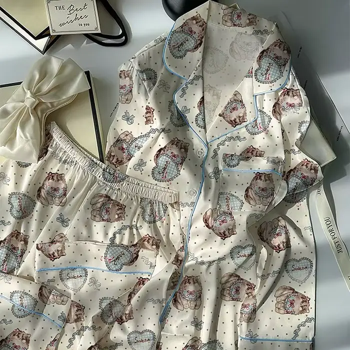 Ensemble pyjama 2 pièces pour femmes, vêtements de nuit amusants et mignons imprimés, boutons, col à