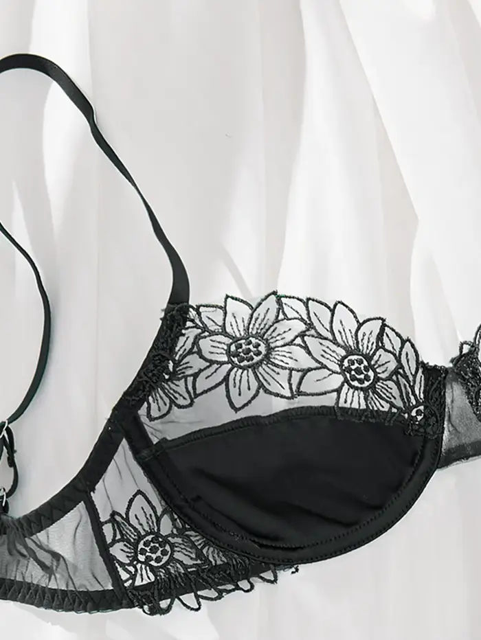 Sexy 2-dielna podprsenka s kvetinovou výšivkou - Semi-priehľadný slnečnica vyšívaná spodná bielizeň, ideálna pre dátumy, špeciálna ponuka