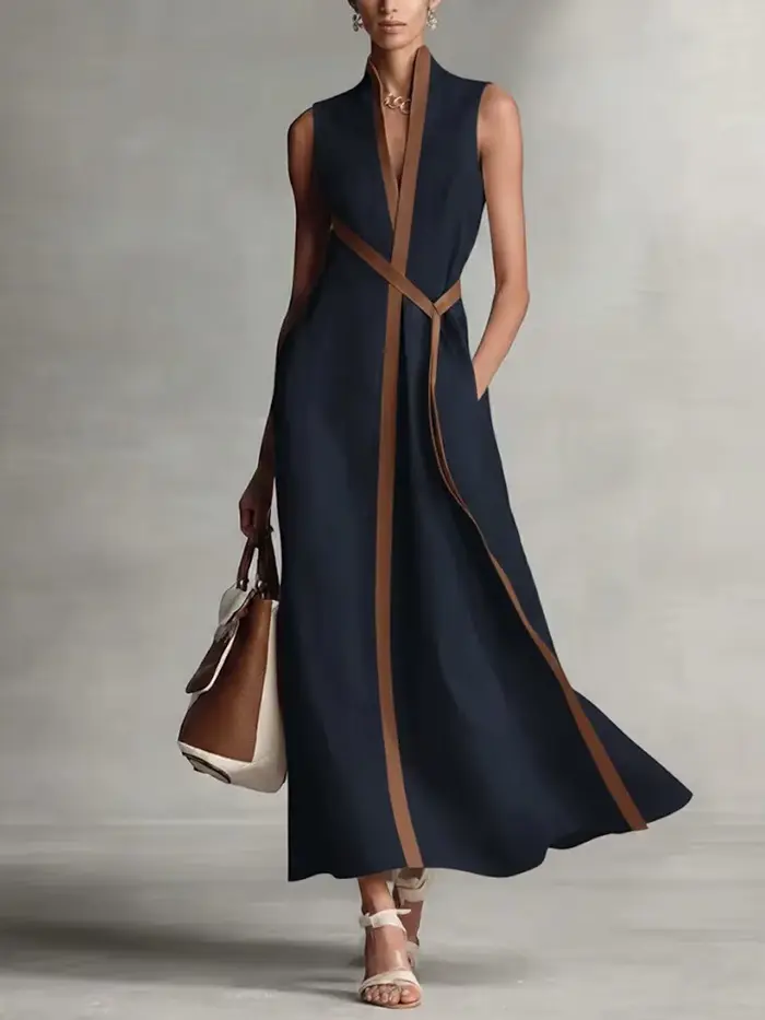 Nouvelle Robe Élégante Sans Manches Col V en Coton et Lin Coupe Slim Taille Haute Color-block 2026