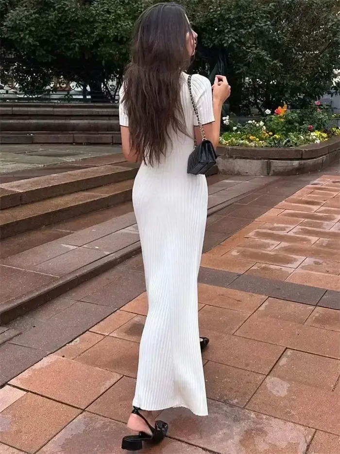 Tossy biele pletené módne maxi šaty pre ženy s krátkymi rukávmi Patchwork elegantné večerné