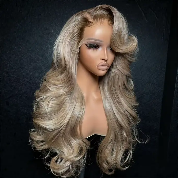 Paruíza z ľudských vlasov s vlnami, ombré blond s farbeným koreňom, čipková čelo pre ženy na špeciálne príležitosti