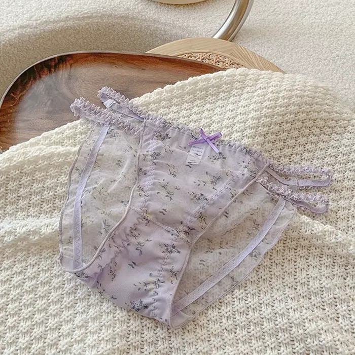 Dámske nohavičky s nízkym pasom čipky nohavičky opasok kríž Hipsters mesh priehľadný kvetinový vzor s mäkkým motýlikom