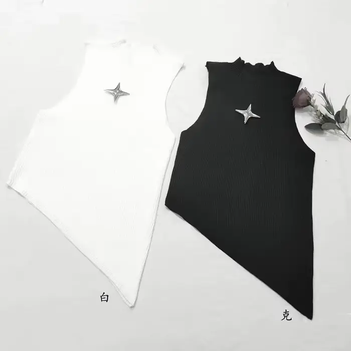 Y2K – haut court en tricot pour femmes, sans manches, ourlet asymétrique, col haut, extensible, ajus