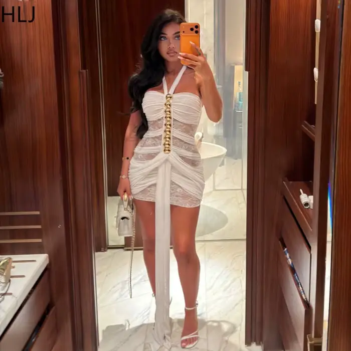 HLJ Sexy šaty s golierom pre ženy, hladká pletená priehľadný, bez rukávov, bez chrbta, pre klub, party, narodeniny, Vestidos