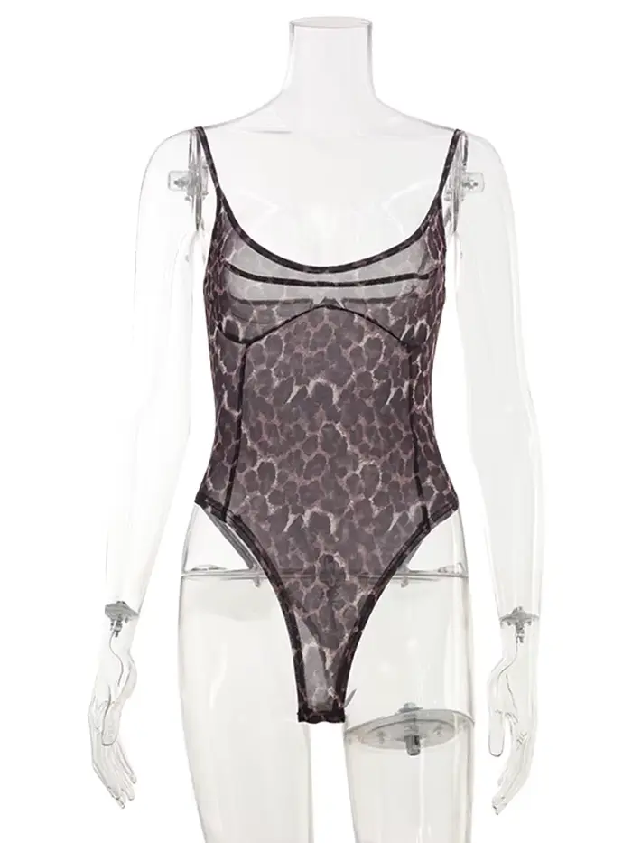 Dámske Leopard Mesh Bodysuit, Sexy Móda, Streetwear, Bez ramienok, Bez rukávov, Slash Golier, Slim, priehľadný, Romper, Ženský plášť