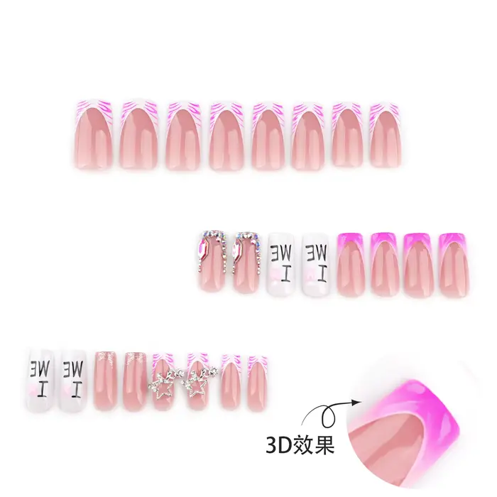 JoDecor-Faux ongles à imprimé zèbre rose, diamant flash, style français, presse sur N64.Star, Y2k, j