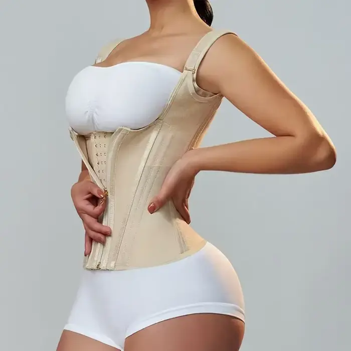 Dámske telo modelovanie korzet, Double Tunic oblečenie, kompresie, pás tréner, nastaviteľný zips a háčkované oči, Peep brucho