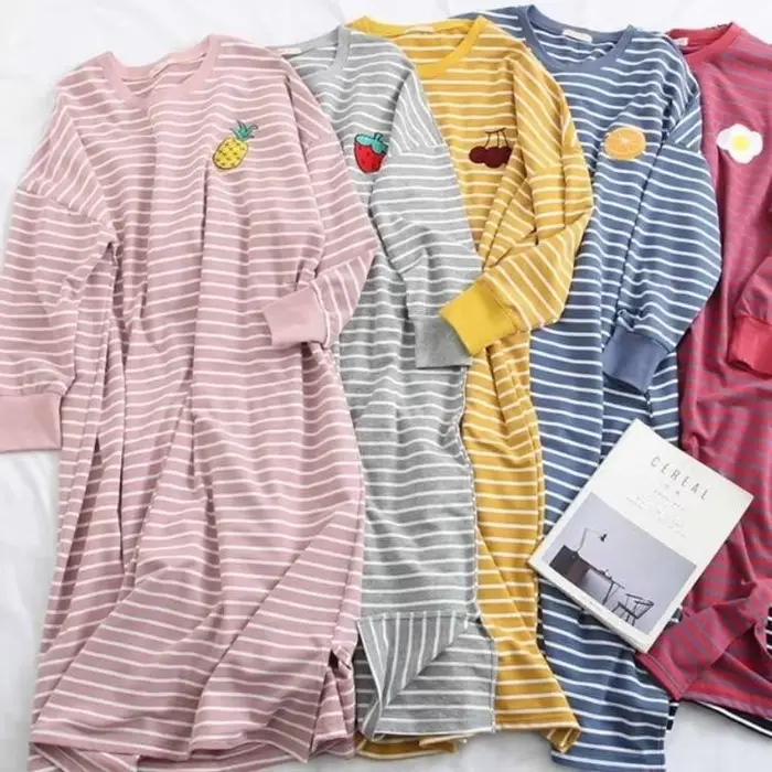 Dámska nočná košeľa M-5XL jesenné dlhé rukávy oplachovanie pruhované dĺžka Preppy mn teenageri Kawaii voľný domáci nočný odev pohodlná móda