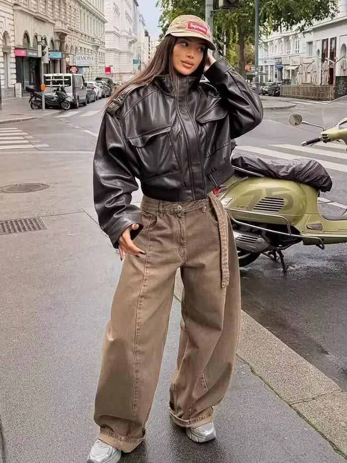 HH módna jar ženy Umelá koža skrátená bunda 2026 Vintage sťahovací golier zips dlhé rukávy Bomber kabát
