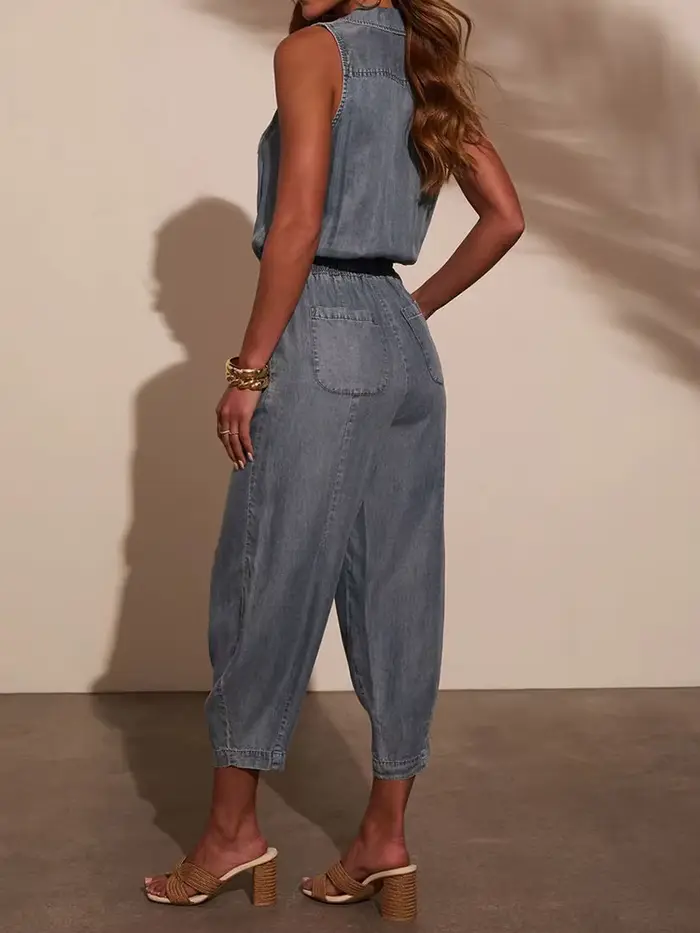 Jumpsutis chics en Patchwork de boutons à col en V, combishorts d'été sans manches pour femmes, nouv