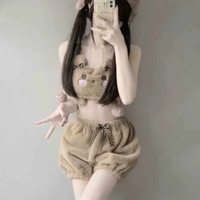Fille japonaise Kawaii Lolita moelleux Push Up soutiens-gorge slips femmes mignon fourrure dessin animé soutien-gorge nœud ABDL Bloomers Sissy Lingerie intime