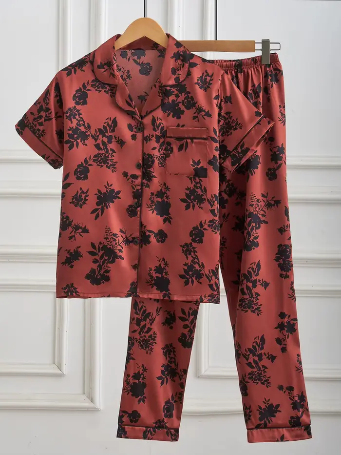 Ensemble pyjama en satin pour femmes, imprimé floral rouge et noir, haut à manches courtes et pantal