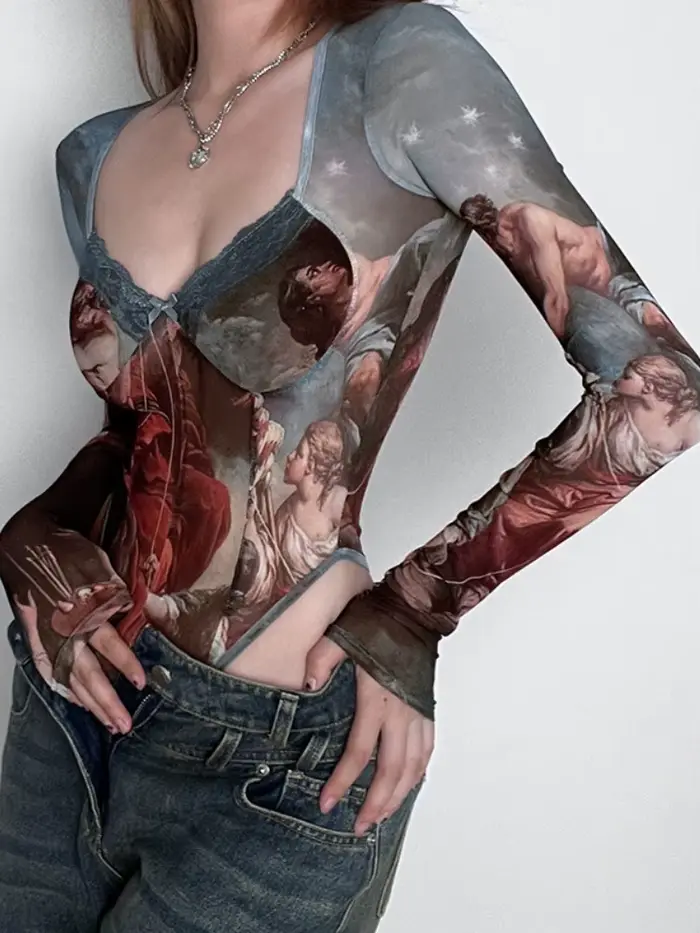 Vintage vytlačené Sexy body, priehľadná gáza spodná bielizeň, Lenceria transparente, s dlhými rukávmi, námestie krku, Bustier Top