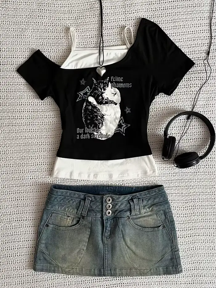 Estetické Goth Netopier List Y2K Štýl Dvojdielne Tričko Krátky Rukáv Vesta Harajuku Streetwear Traky Dámske Oblečenie
