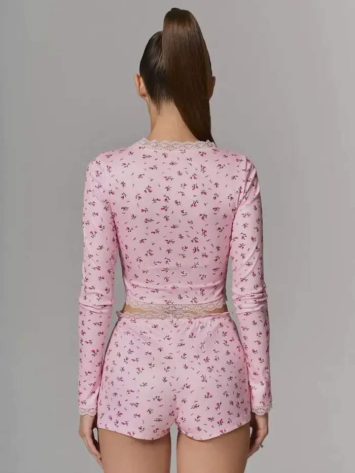 Sexy dámske pyžamo set, kvetinová potlač, mäkké a pohodlné, dlhý rukáv top a šortky, ležérne oblečenie, nočné oblečenie, dvojdielny set, homewear