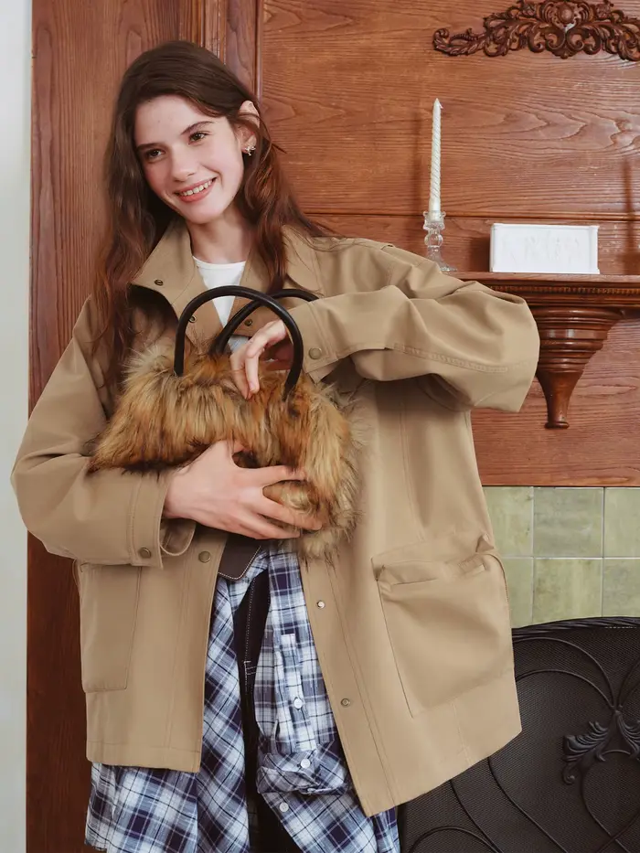 FSLE 2025 nová jeseň dámske Vintage Baren štýl pracovná bunda oversized golier kabát retro voľný strih