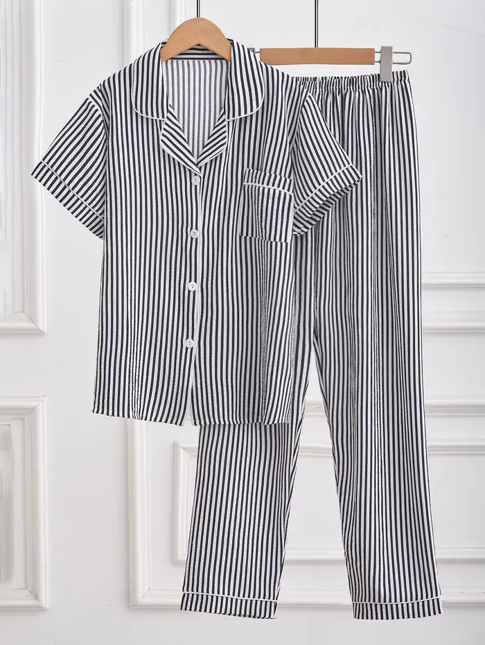 Ensemble de pyjama rayé pour femmes, 2 pièces, haut à manches courtes boutonné et pantalon long, vêt