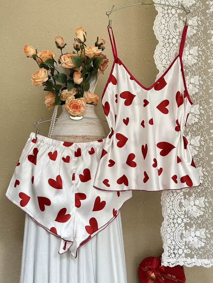 Ensemble pyjama imprimé cœur pour femme, haut de pyjama à bretelles spaghetti + short, vêtements de 