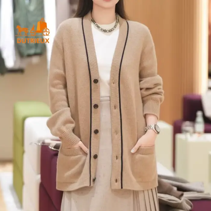 Cardigan en cachemire à col en v pour femme, manteau élégant et décontracté, Style minimaliste, 100%
