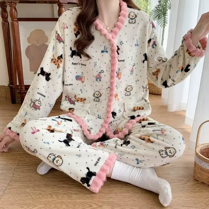Dámske Coral Fleece pyžamo, tlačené, hrubé, plyšové, sveter, teplý a mäkký oblek, domáce oblečenie, dlhé rukávy, jeseň zima