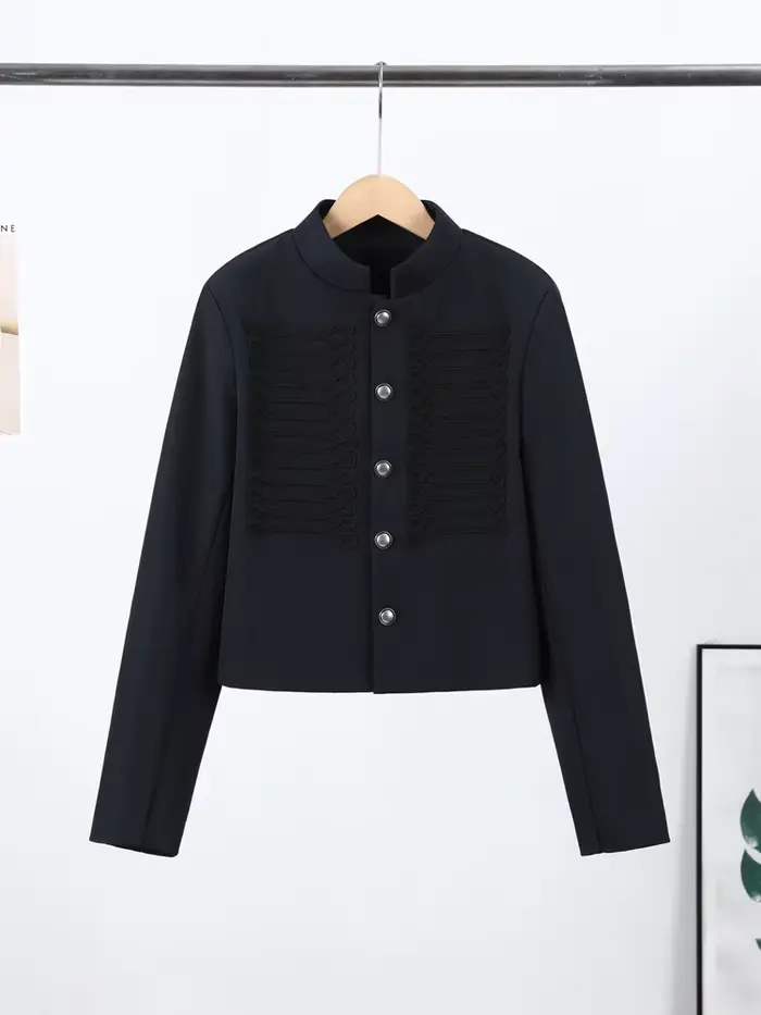 Veste Vintage Femme Col Montant Simple Boutonnage Manches Longues Style Napoléon Manteau Chic Haut d