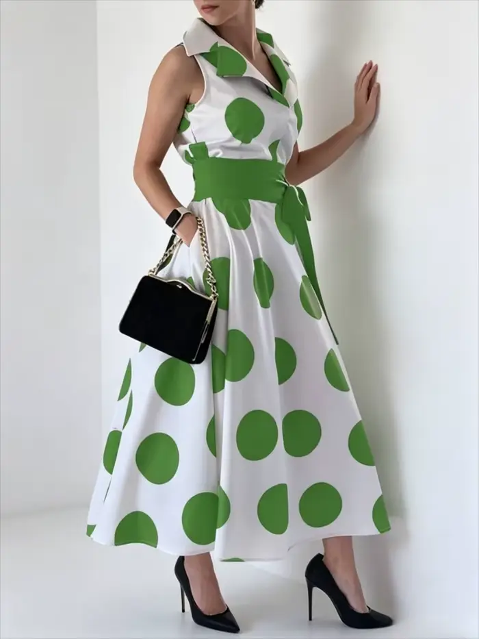 Modigirl 2025 letné dámske bodkované elegantné šaty v štýle X-line Fit & Flare košeľové